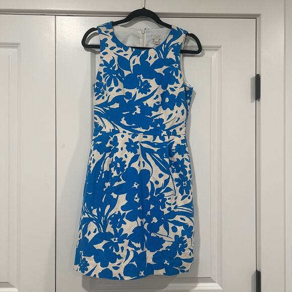 J Crew Women's Blue and White Cotton Floral Tropical Print Sheath Dress Size 4 - Picture 1 of 10